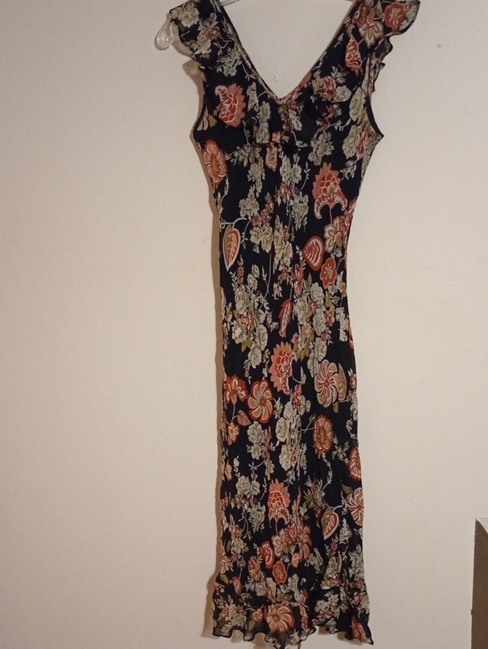 Black Floral Maxi Dress with Ruffle V-Neck Size Med